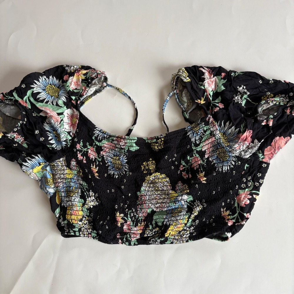 Maaji Floral Print Smocked Crop Top Puff Sleeve Tie Back Black Multicolor Medium